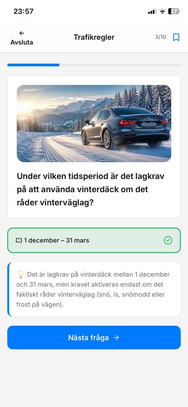 Körkortsfrågor app skärmdump